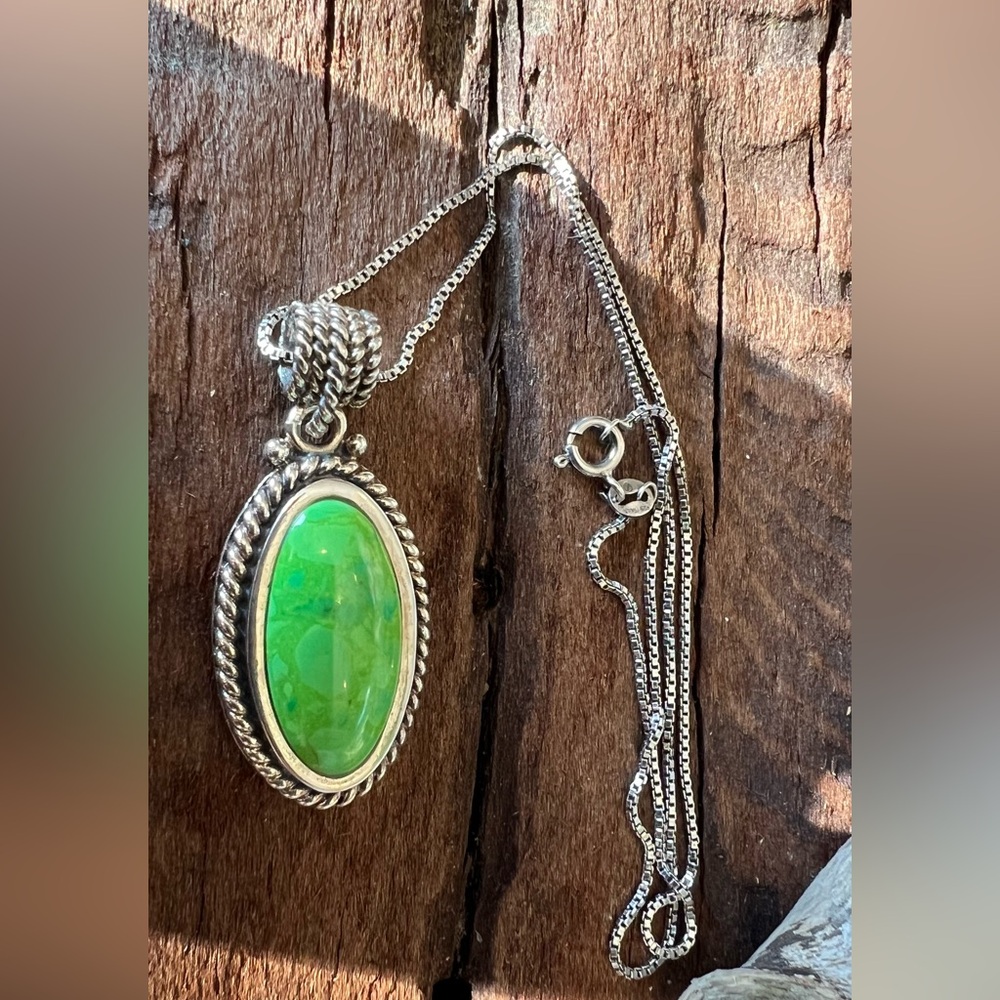 Barse Thailand Necklace Green Turquoise Lime Pendant Thai Sterling Box Chain 18”